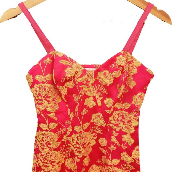 Cinq a Sept Erica Dress Hot Pink Floral Jacquard Adjustable Straps Short 2 - Picture 3 of 9